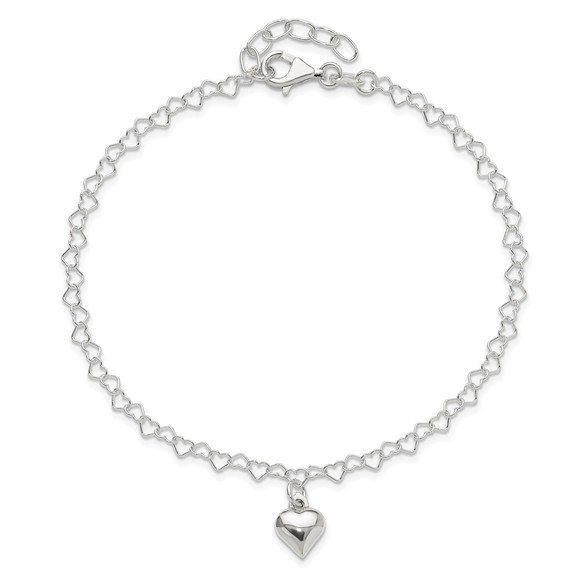 925 Sterling Silver Fancy Link Puffed Heart Charm 9 " + 1" ext. Jewelry Anklet - Picture 5 of 7